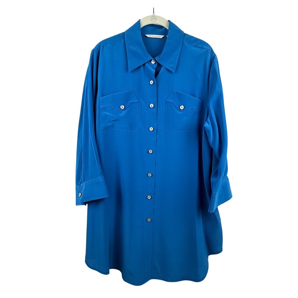 Soft Surroundings 100% Silk Button Shirt Womens L Blue Tunic Blouse